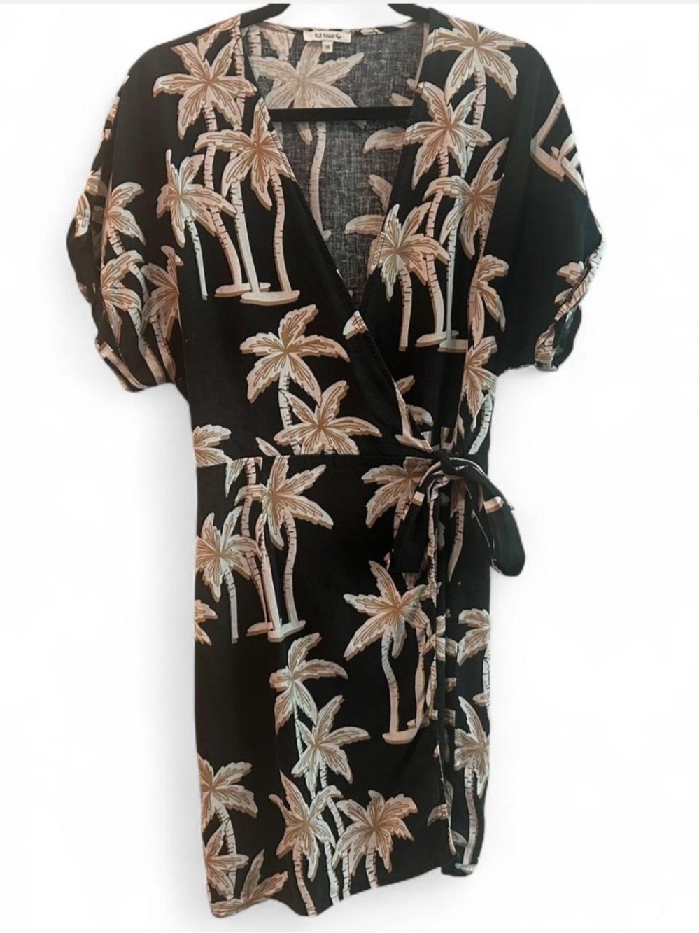 Palm Tree Wrap Dress Neutral Tropical Print Tie Waist Resortwear Summer Dress